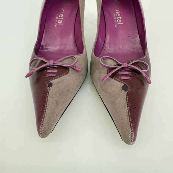 Y2K Gunmetal Italy Heels Size 6.5 EU 37 Pink Purple‎ Kitten Bow Pointed Toe - Picture 4 of 10